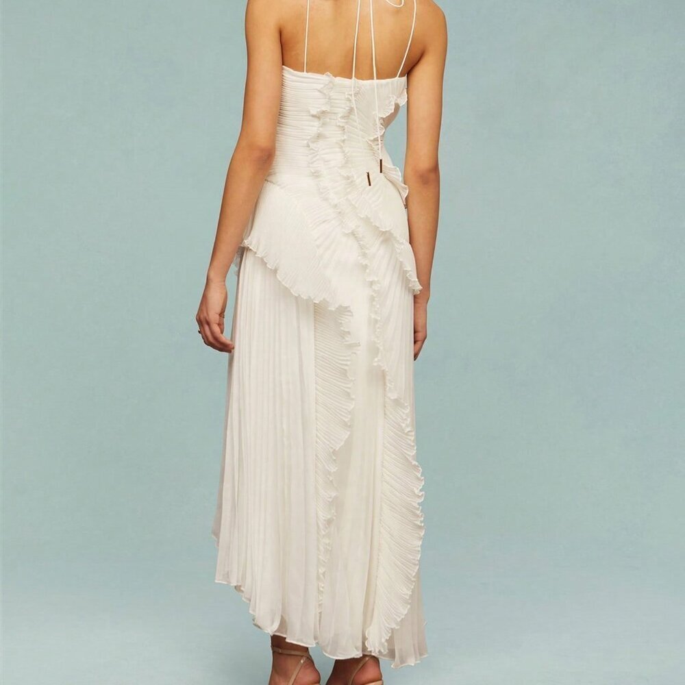 Beige Elegant Women's Ruffle Hem Sleeveless Halter Neck Long Maxi Dress - Picture 2 of 6